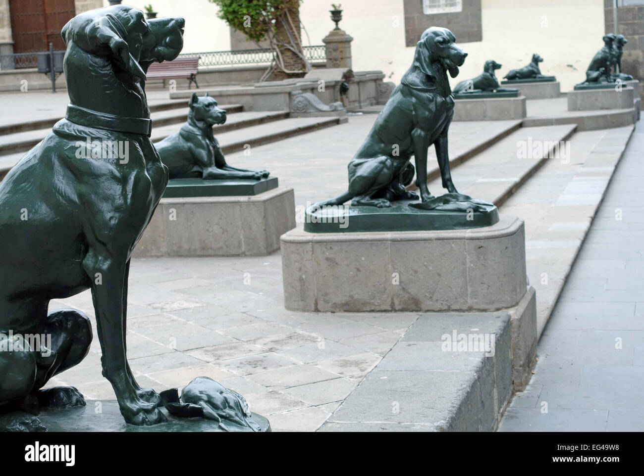 Alcuni degli otto cani di bronzo al di fuori della cattedrale in Las Palmas de Gran Canaria Isole Canarie Spagna Foto Stock