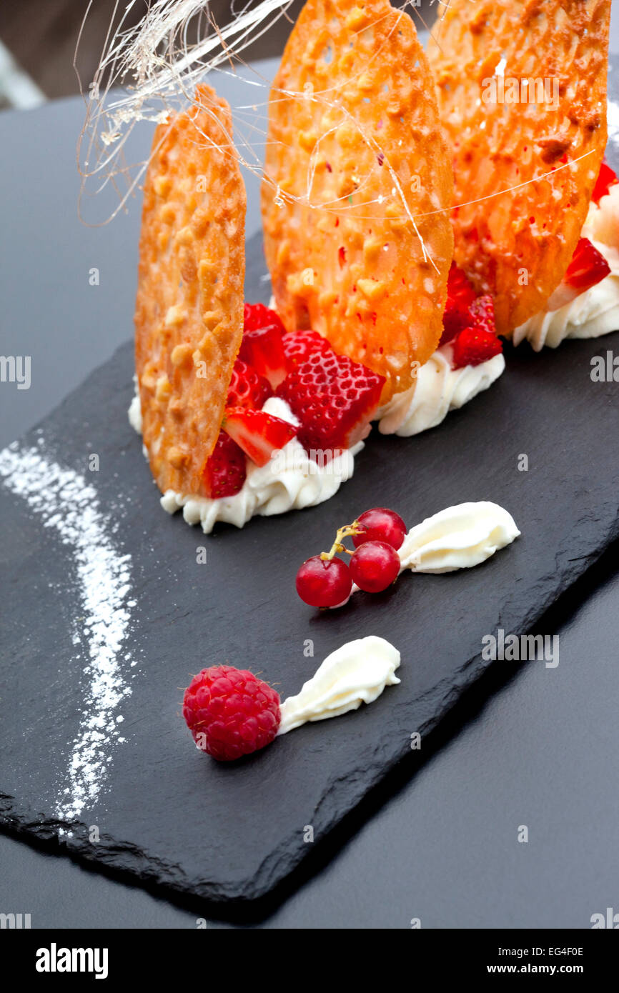 Il dessert con biscotti, frutti rossi e crema alla vaniglia Foto Stock