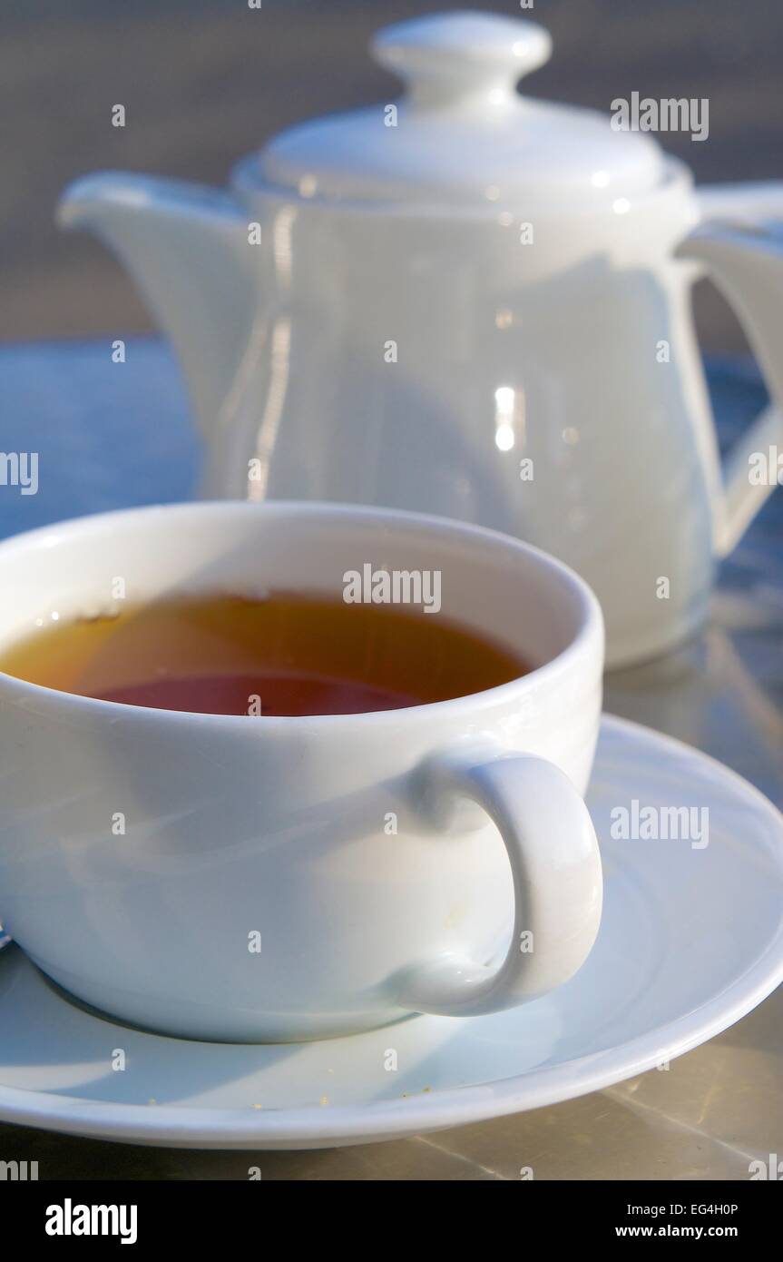 Tazza di tè e caffè e tè pentola in acciaio inossidabile tabella. Foto Stock