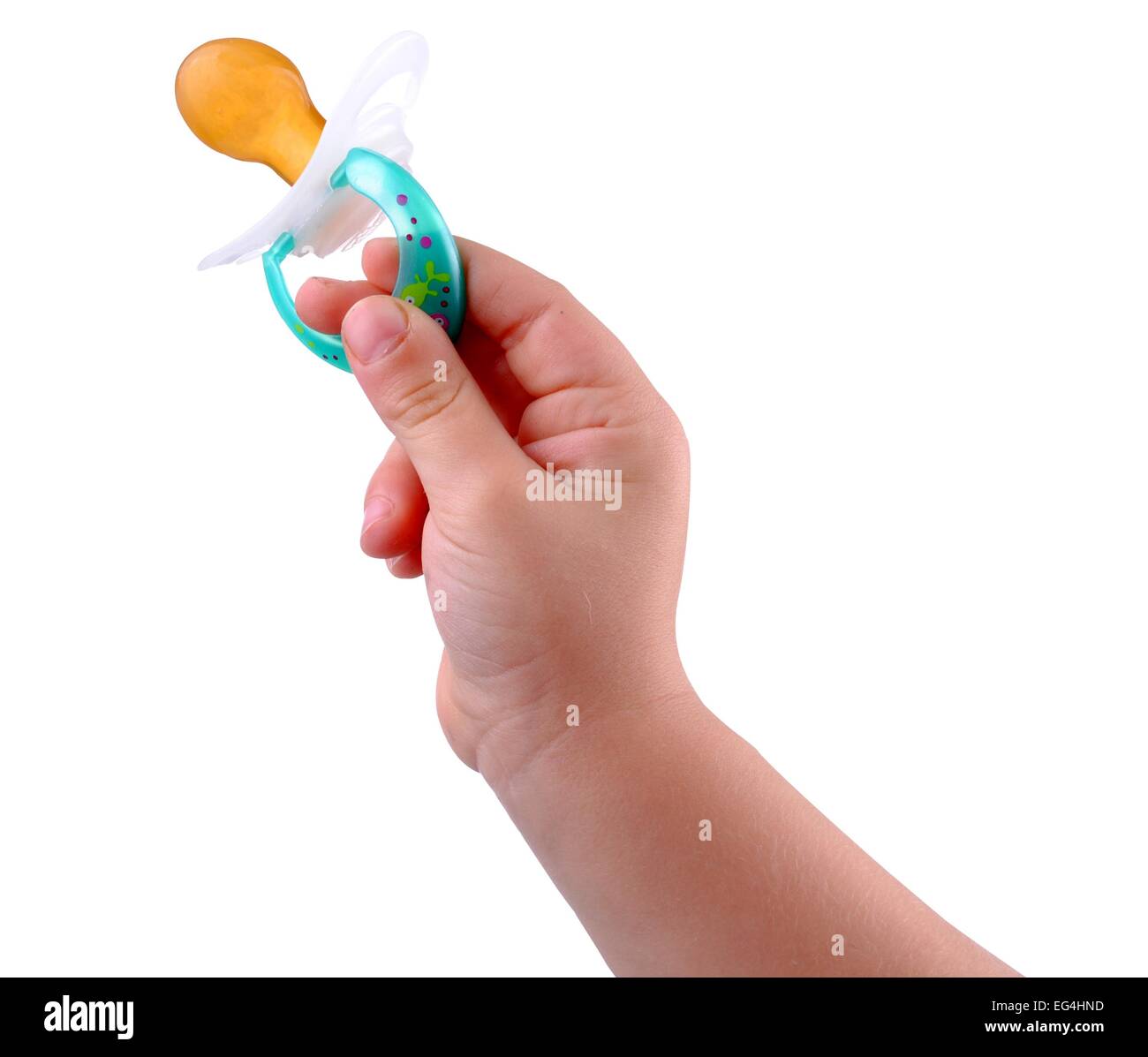 Kid mano con un manichino bambino, isolato su bianco Foto Stock