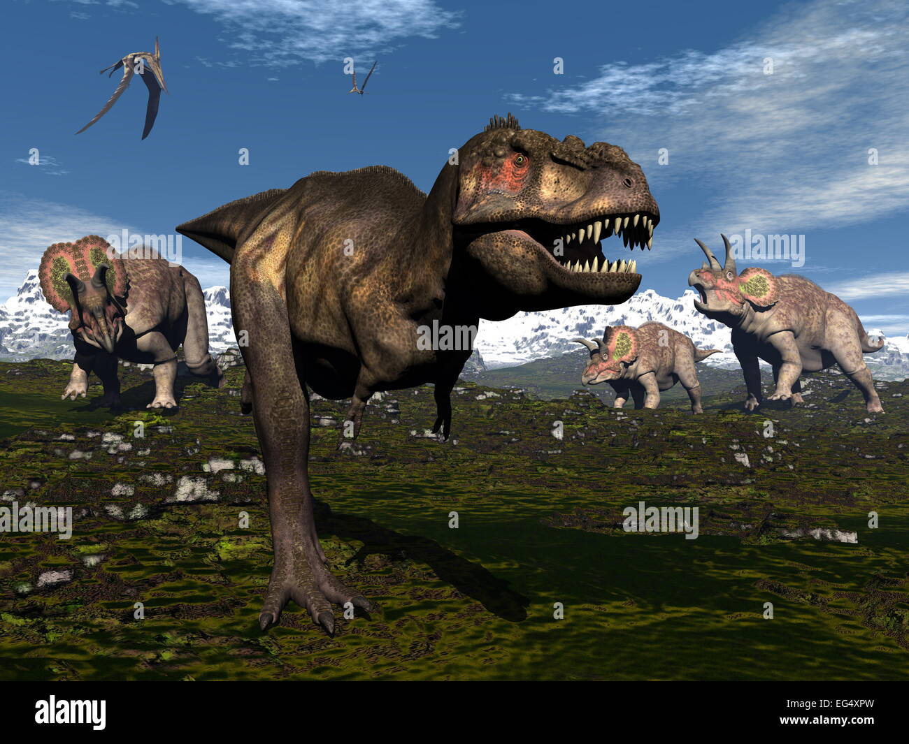 Tyrannosaurus rex attaccato da tre triceratops dinosauri in montagna - 3D render Foto Stock