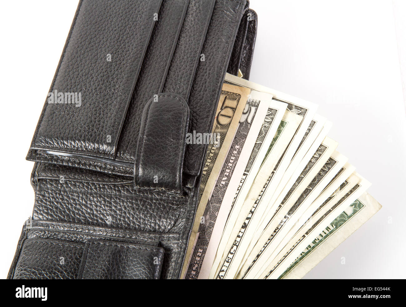 Bellissima foto di dollari nel portafogli su sfondo bianco . Foto Stock