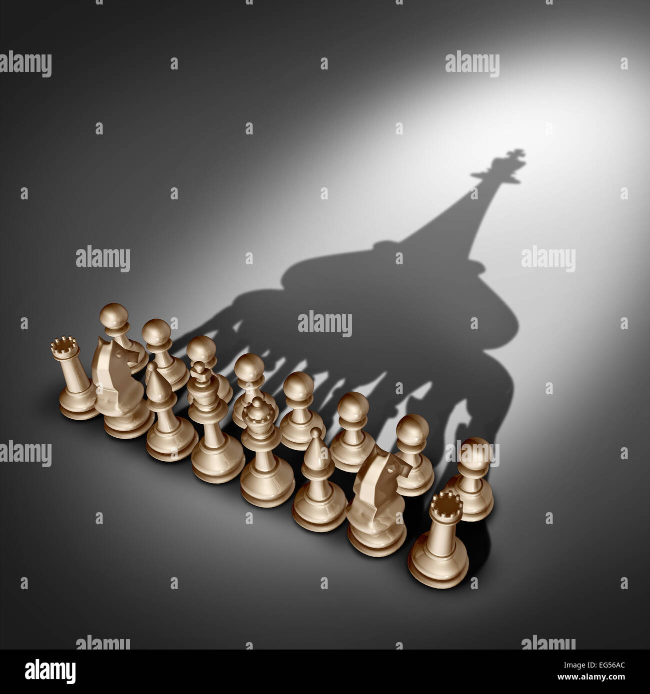 Azienda leadership e gestione dei team vision in un business come concetto di gruppo con set di scacchi pezzi di giunzione e di lavorare insieme uniti e come uno in accordo a gettare un'ombra conformata come un re leader. Foto Stock