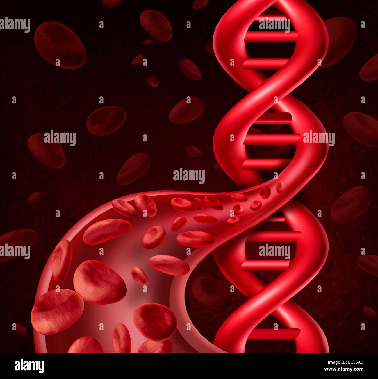 Il DNA delle cellule del sangue come concetto viens umana e nelle arterie conformata come una doppia elica simbolo per le informazioni di carattere genetico o di ingegneria biologica. Foto Stock