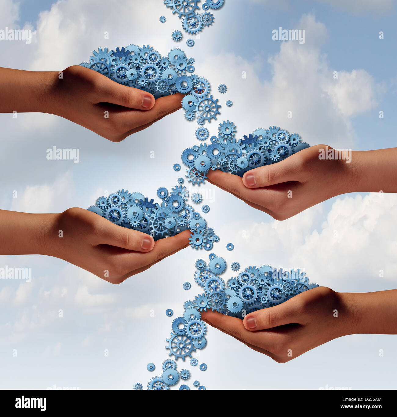 Social networking e il concetto di organizzazione come simbolo di un gruppo di diverse mani lo scambio di ruote dentate e ingranaggi in una rete connessa come un simbolo della società di comunicazione. Foto Stock