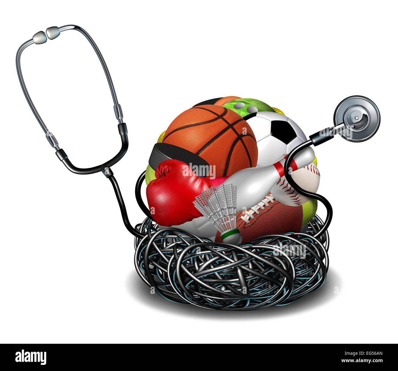 Medicina dello sport concetto e atletico di cure mediche simbolo come un medico stetoscopio aggrovigliato attorno ad un gruppo di attrezzature sportive le icone per calcio e basket baseball. Foto Stock