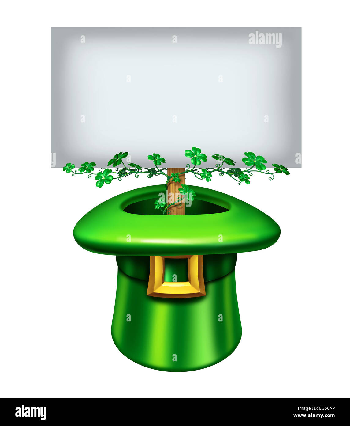 San Patrizio giorno segno vuoto con una verde leprechaun hat decorata in foglia di trifoglio e un banner con interno bianco spazio copia come Foto Stock