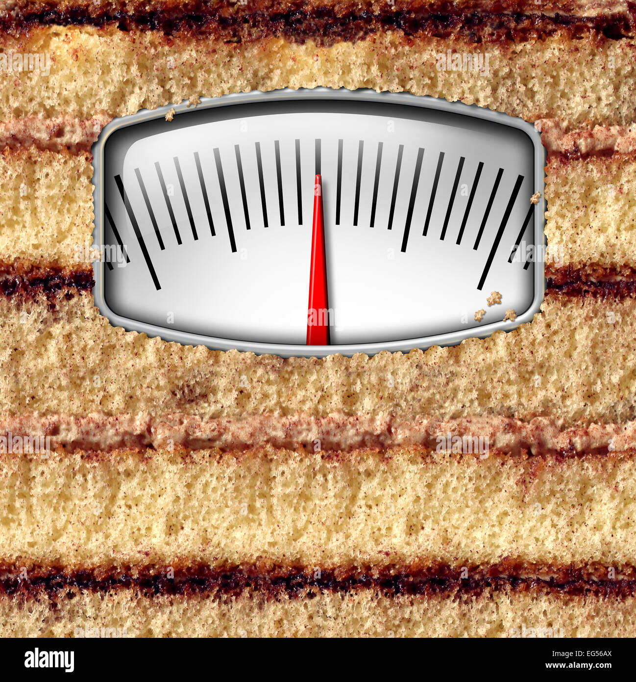 La dieta di peso il concetto di scala e il conteggio delle calorie simbolo come una torta con un chilogrammo o cancelletto attrezzature di misurazione come una metafora per mangiare la tentazione. Foto Stock