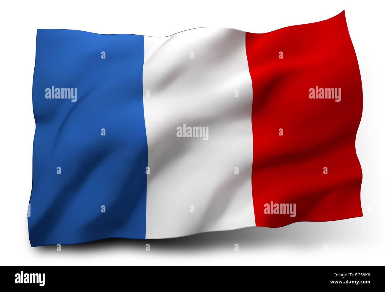 Sventola bandiera della Francia isolati su sfondo bianco Foto Stock