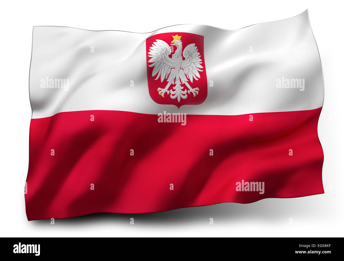 Sventola bandiera della Polonia isolati su sfondo bianco Foto Stock