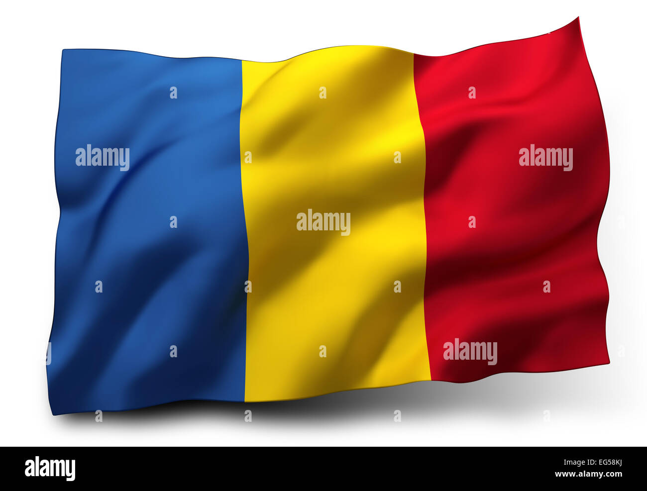 Sventola Bandiera della Romania isolati su sfondo bianco Foto Stock