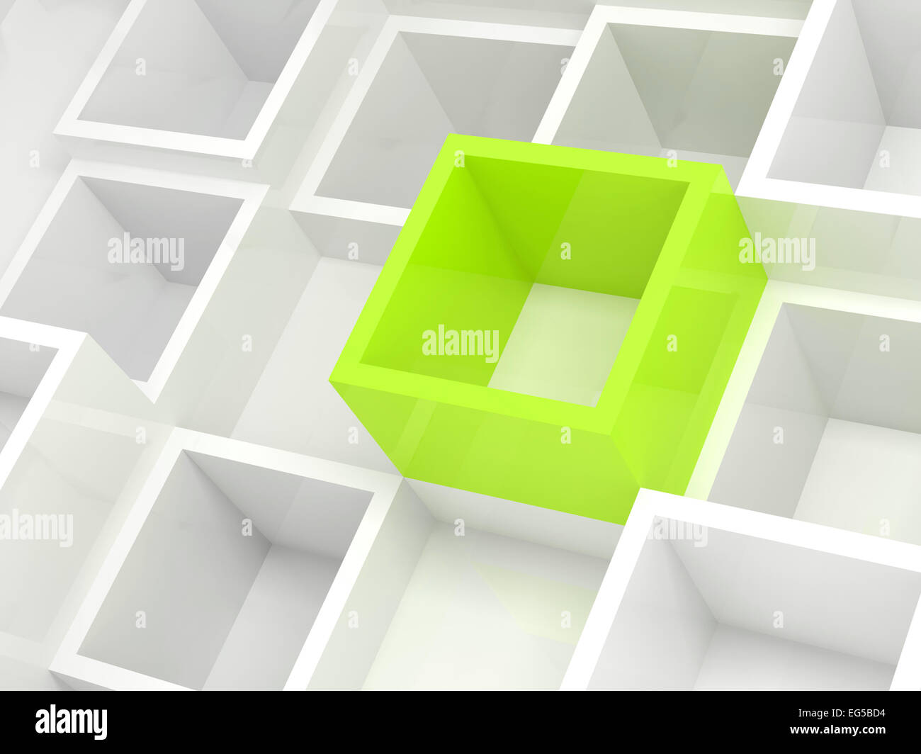 Abstract design 3D sfondo bianco con celle quadrate e un luminoso elemento verde Foto Stock