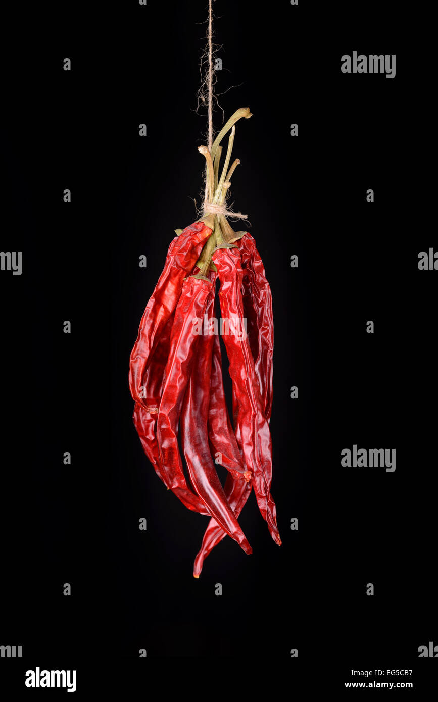 Impiccati a secco e sear red hot chili peppers isolati su sfondo nero Foto Stock