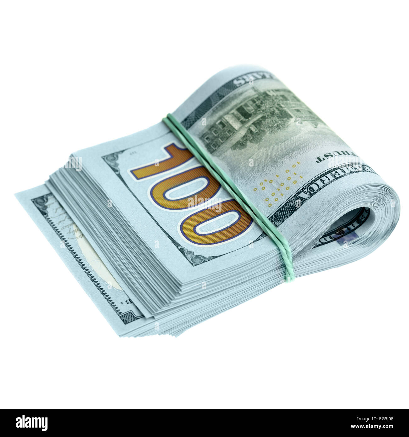 Bundle di nuovo Hundred Dollar Bills isolato su sfondo bianco Foto Stock