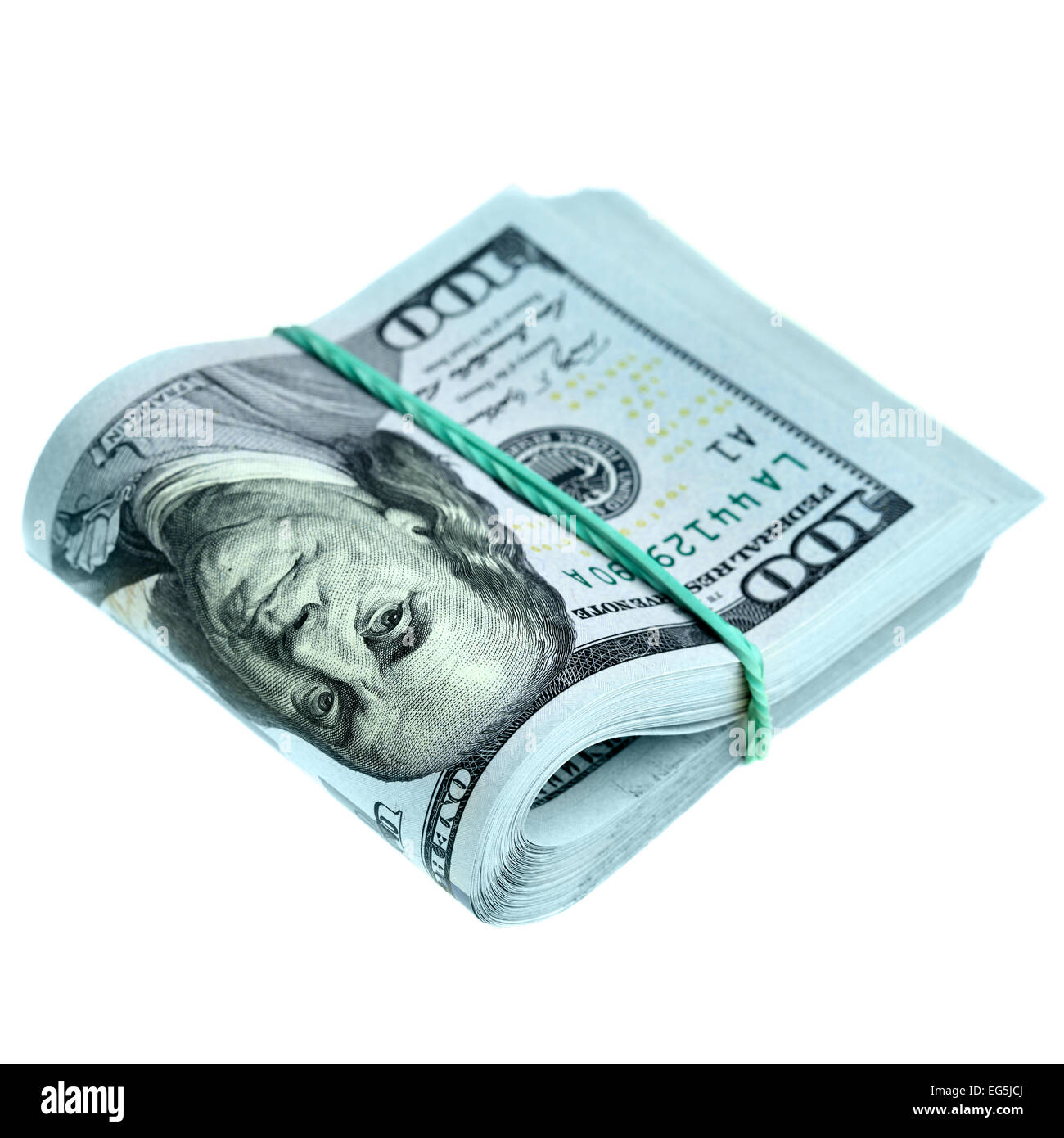 Bundle di nuovo Hundred Dollar Bills isolato su sfondo bianco Foto Stock