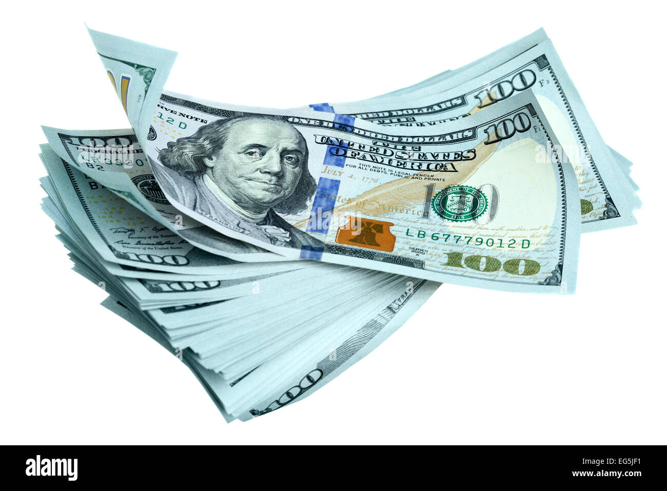 Cumulo di nuovo le fatture del dollaro isolato su sfondo bianco Foto Stock