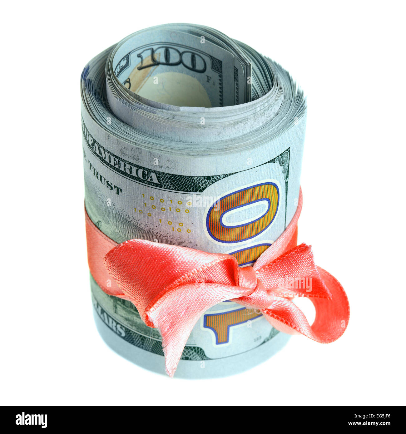 Rotolo di nuovo centinaia di fatture del dollaro con nastro e prua Foto Stock