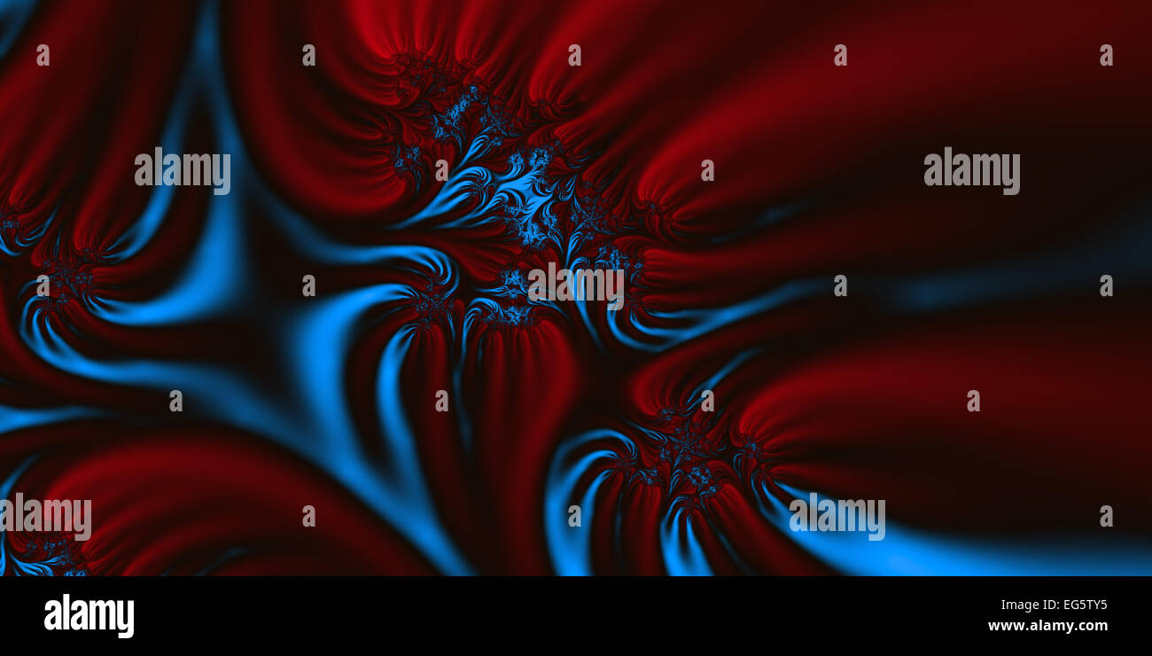 Un astratto disegno frattale in rappresentanza di seta o materiale di velluto rosso, blu impressionante e colori nero. Foto Stock
