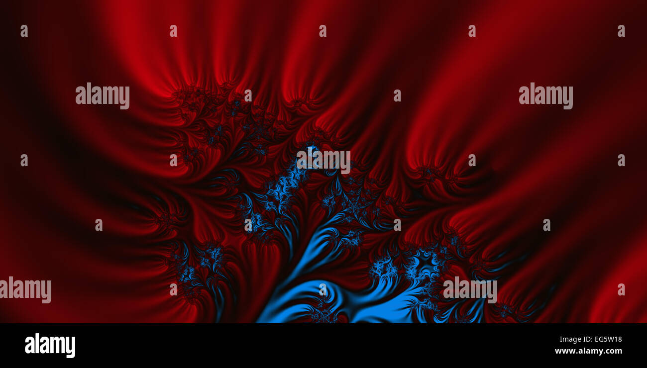 Un astratto disegno frattale in rappresentanza di seta o materiale di velluto rosso, blu impressionante e colori nero. Foto Stock
