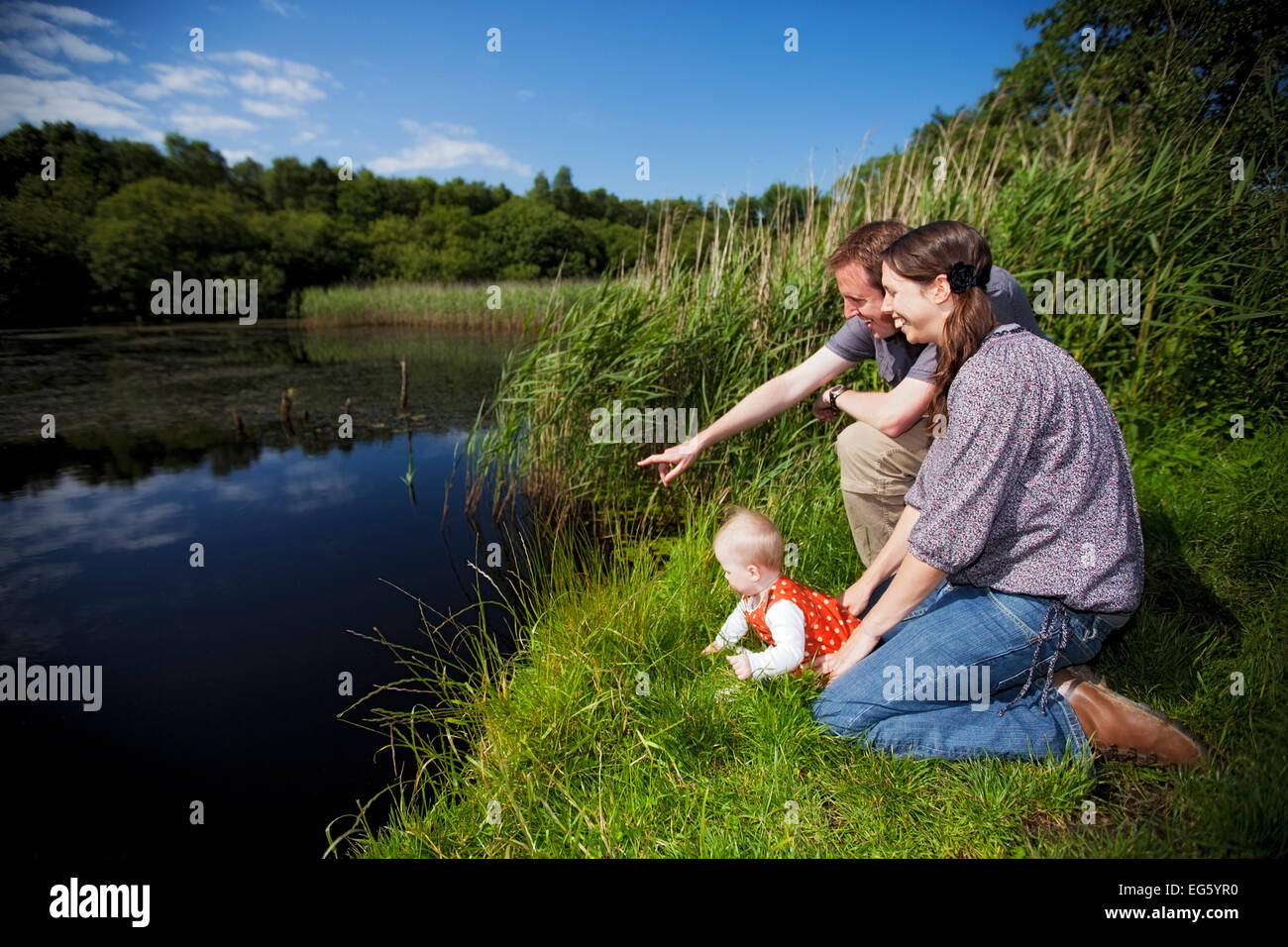 Famiglia seduto accanto a acqua a guardare la fauna selvatica a Westhay SWT riserva, Somerset livelli, Somerset, Inghilterra, Regno Unito, giugno 2011 Modello re Foto Stock