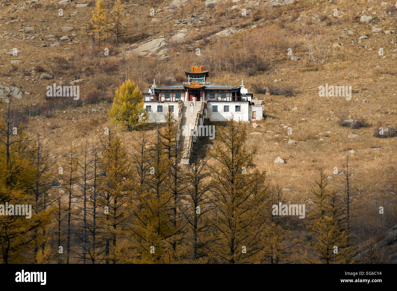 Aryabal meditazione buddista tempio, Gorkhi-Terelj Parco Nazionale, vicino a Ulaan Baatar, Mongolia Foto Stock