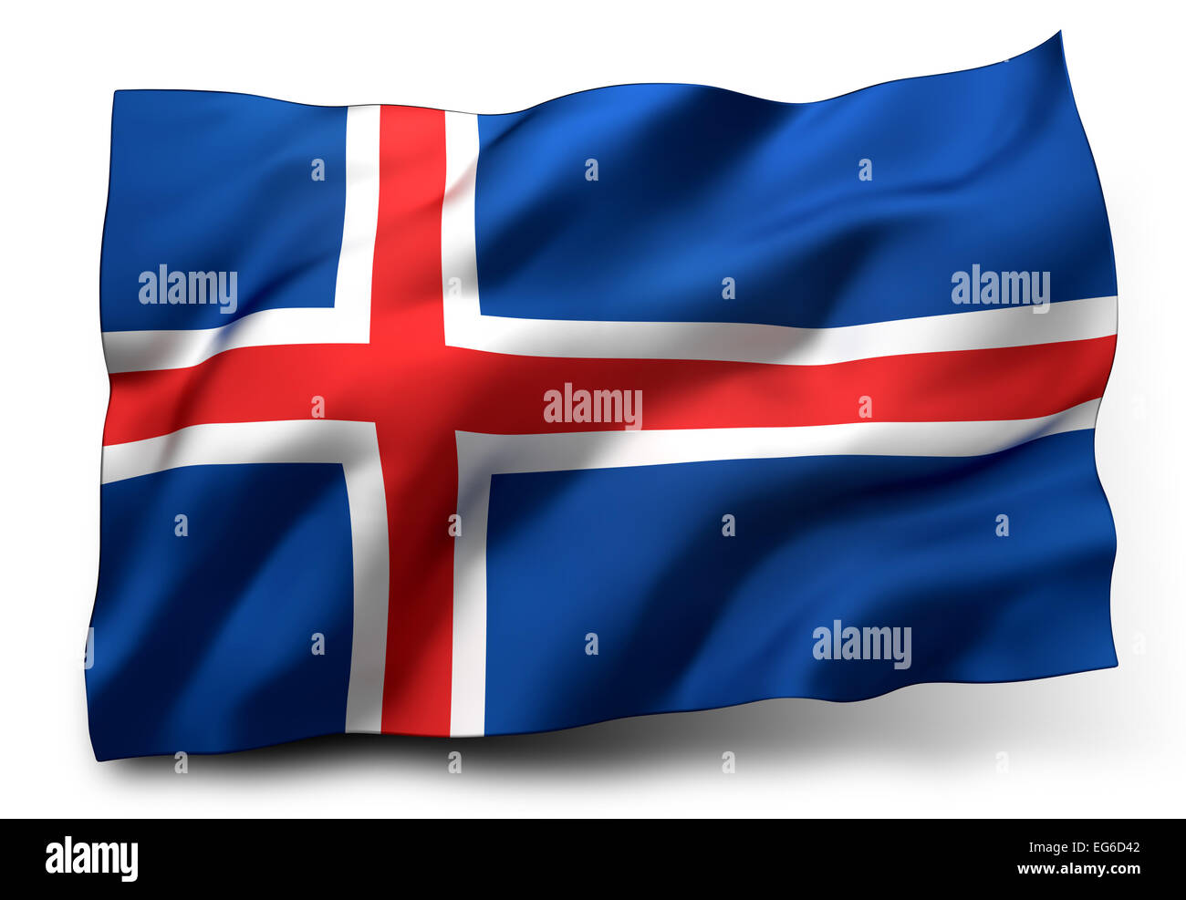 Sventola bandiera di Islanda isolati su sfondo bianco Foto Stock