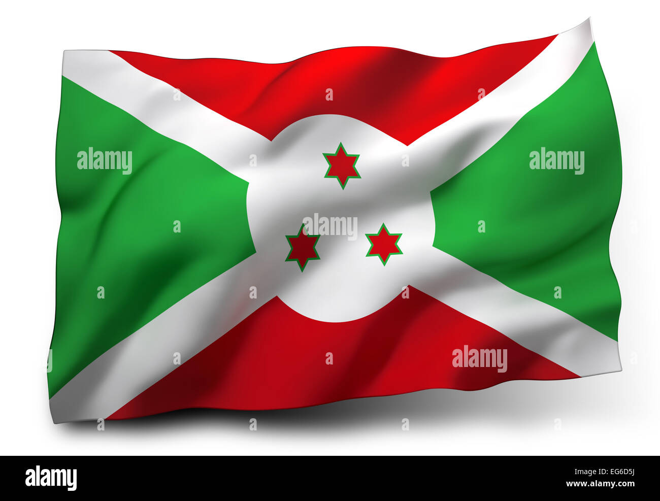 Sventola bandiera del Burundi isolati su sfondo bianco Foto Stock