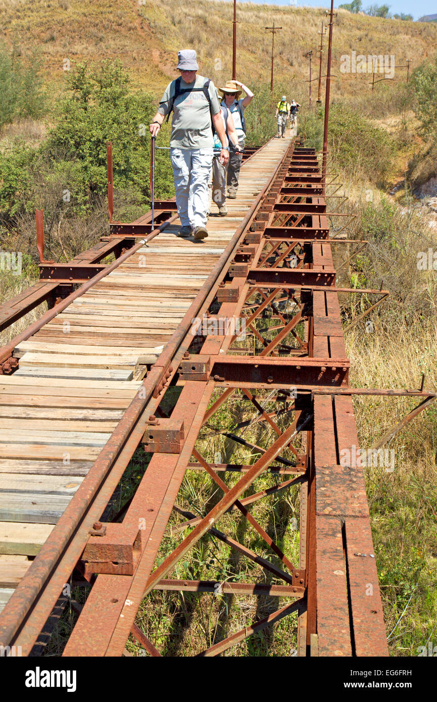 Walkers attraversando un vecchio ponte ferroviario sul Prospector il sentiero escursionistico vicino a Pellegrino di riposo Foto Stock