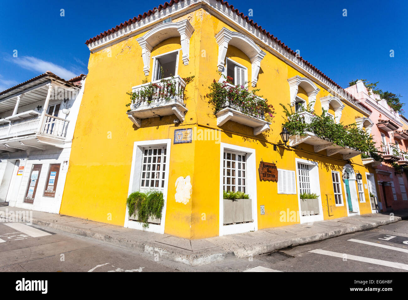 Lo spagnolo casa coloniale, Playa de la Artilleria, Cartagena de Indias, Colombia. Foto Stock
