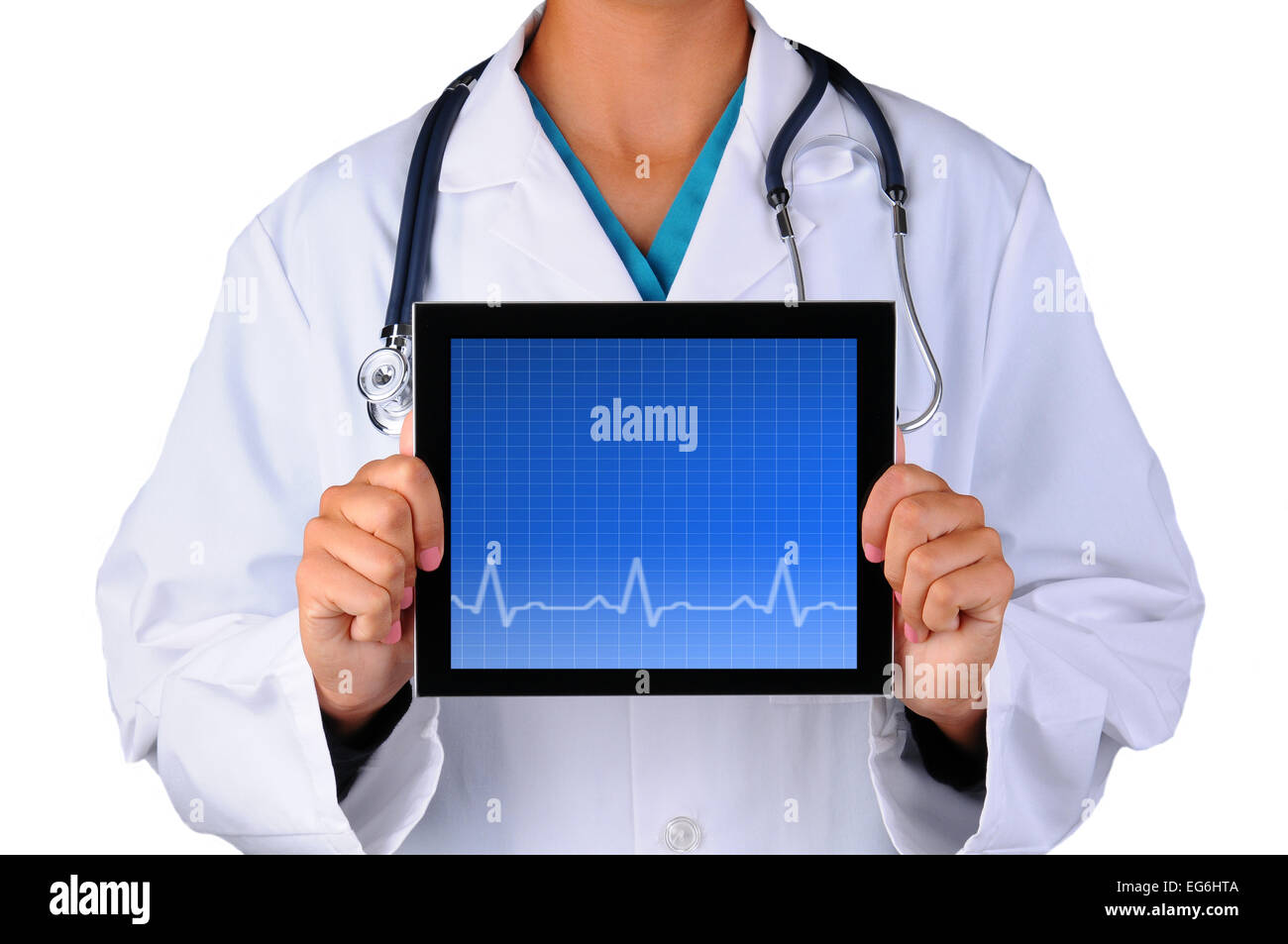 Primo piano di una femmina di professionista medico tenendo un computer tablet con un blu dello schermo a griglia con ECG e grafico. Persona è unrecog Foto Stock