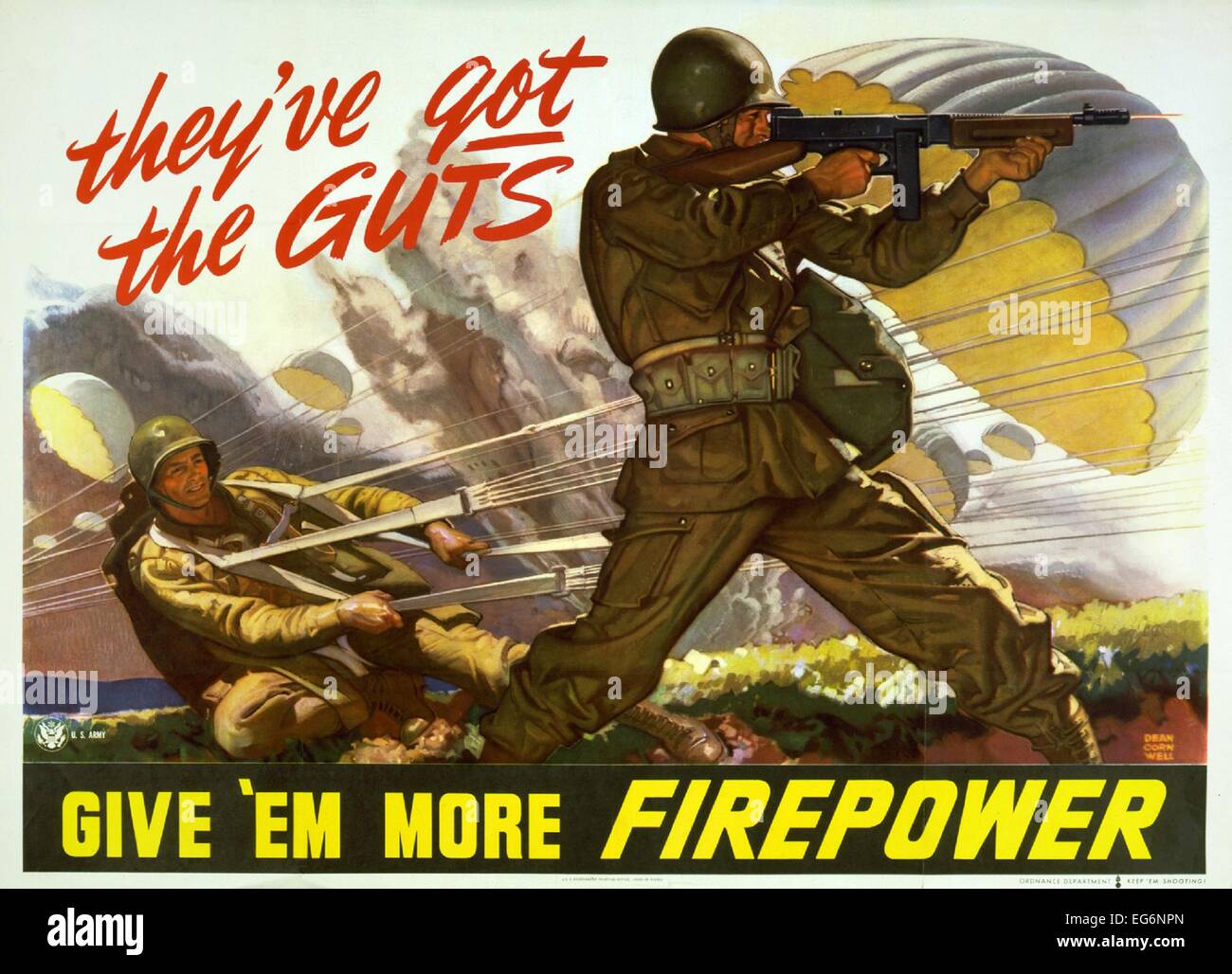 "Ma abbiamo il coraggio -- dare 'em più potenza di fuoco.' americano Guerra Mondiale 2 poster mostra i paracadutisti in battaglia. 1943. Foto Stock