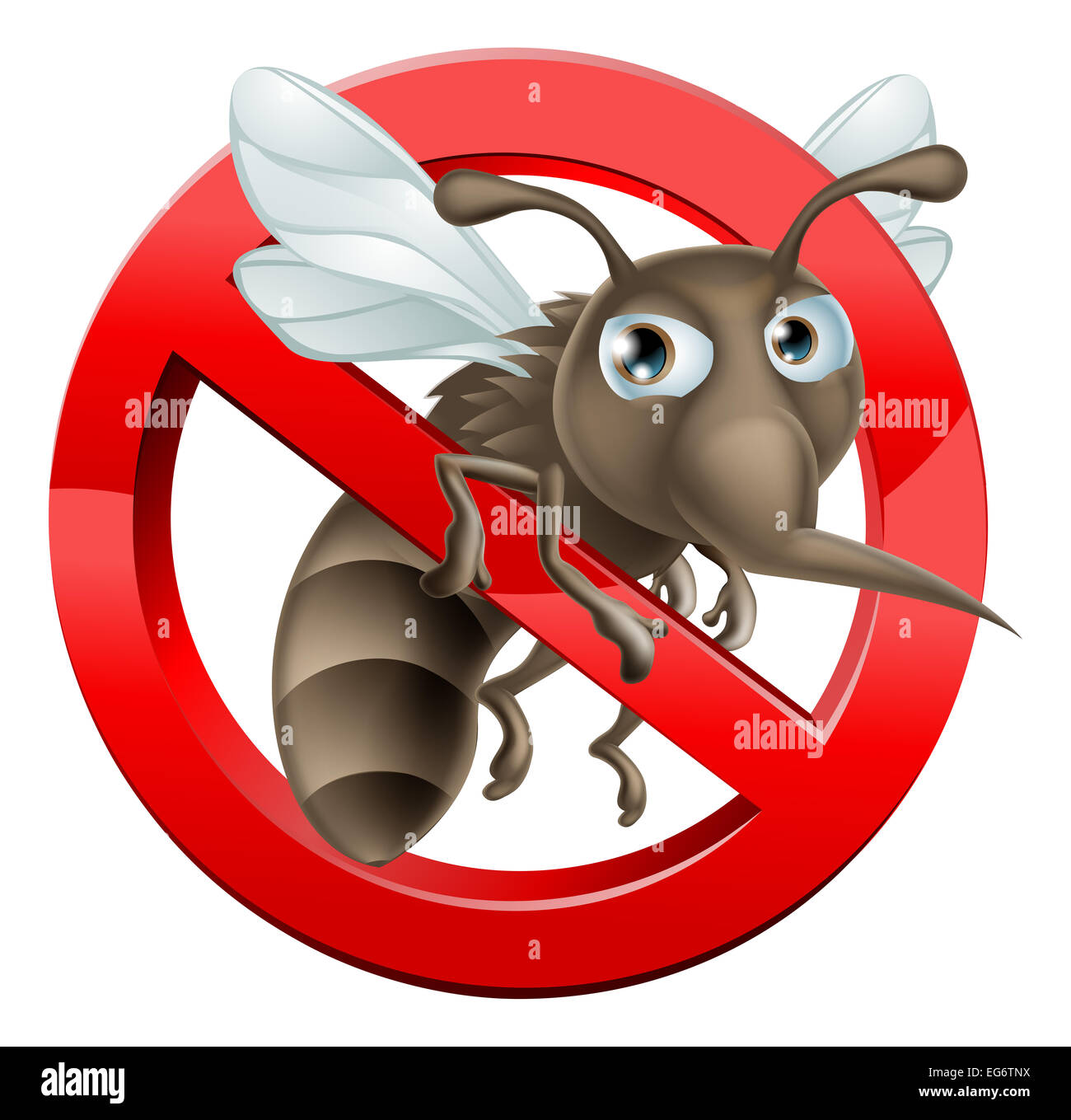 Un no zanzare illustrazione di un cartoon zanzara in cerchio rosso segno di stop Foto Stock