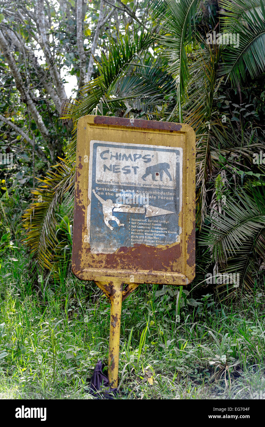 Un arrugginito, corroso segno per alloggi turistici vicino al scimpanzé della foresta di Kibale, Uganda. Foto Stock