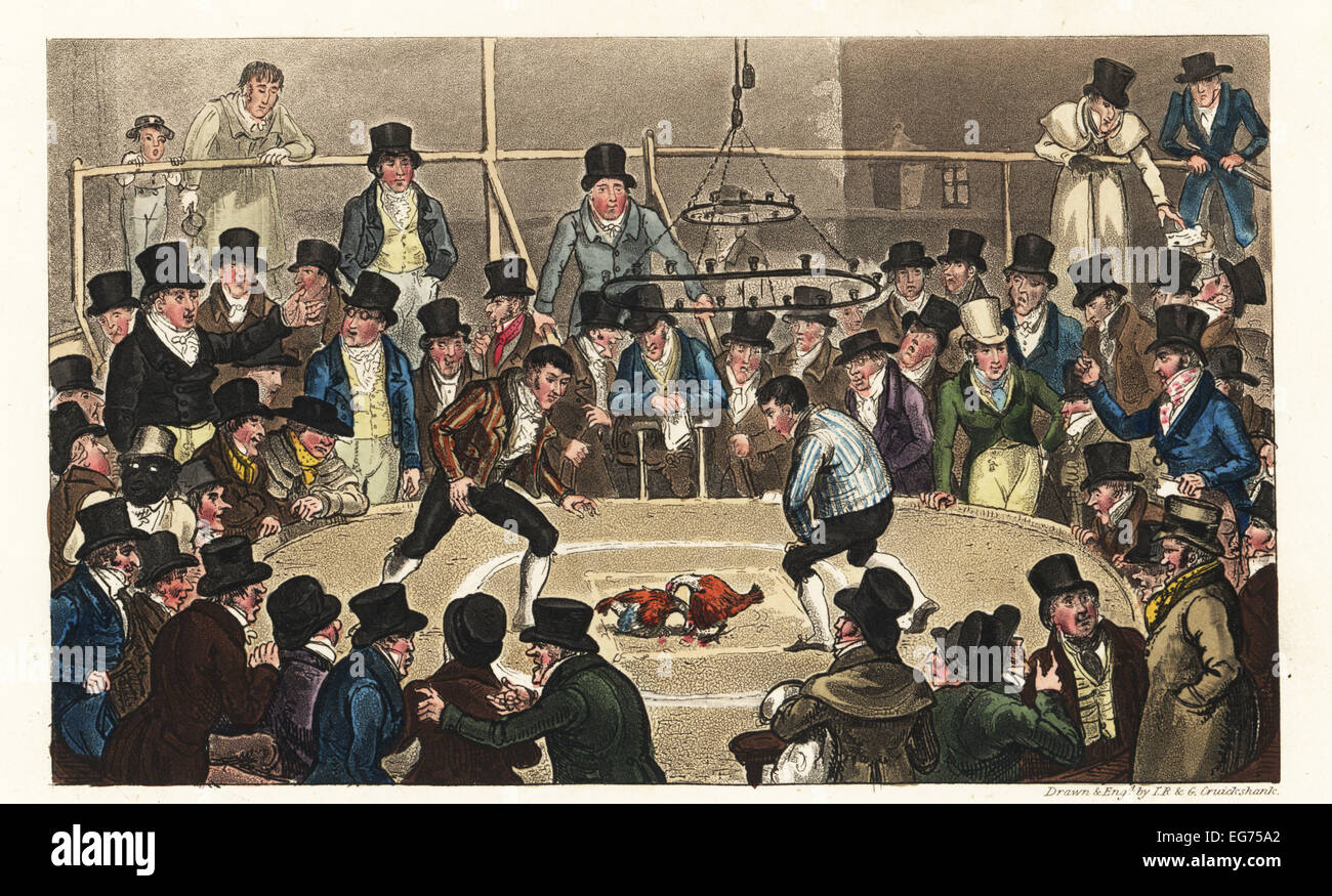 Inglese dandies godendo il sangue lo sport a cockfight, 1820. Tom e Jerry e supporto logico Tommy lo sweep presso il Royal Cockpit. Foto Stock