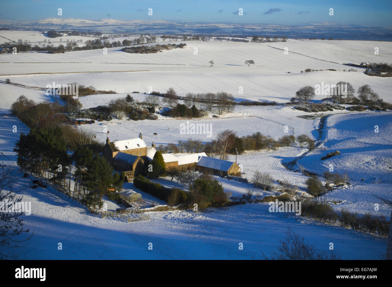 Scena invernale di una fattoria in Scozia, presa dall'alto. Foto Stock