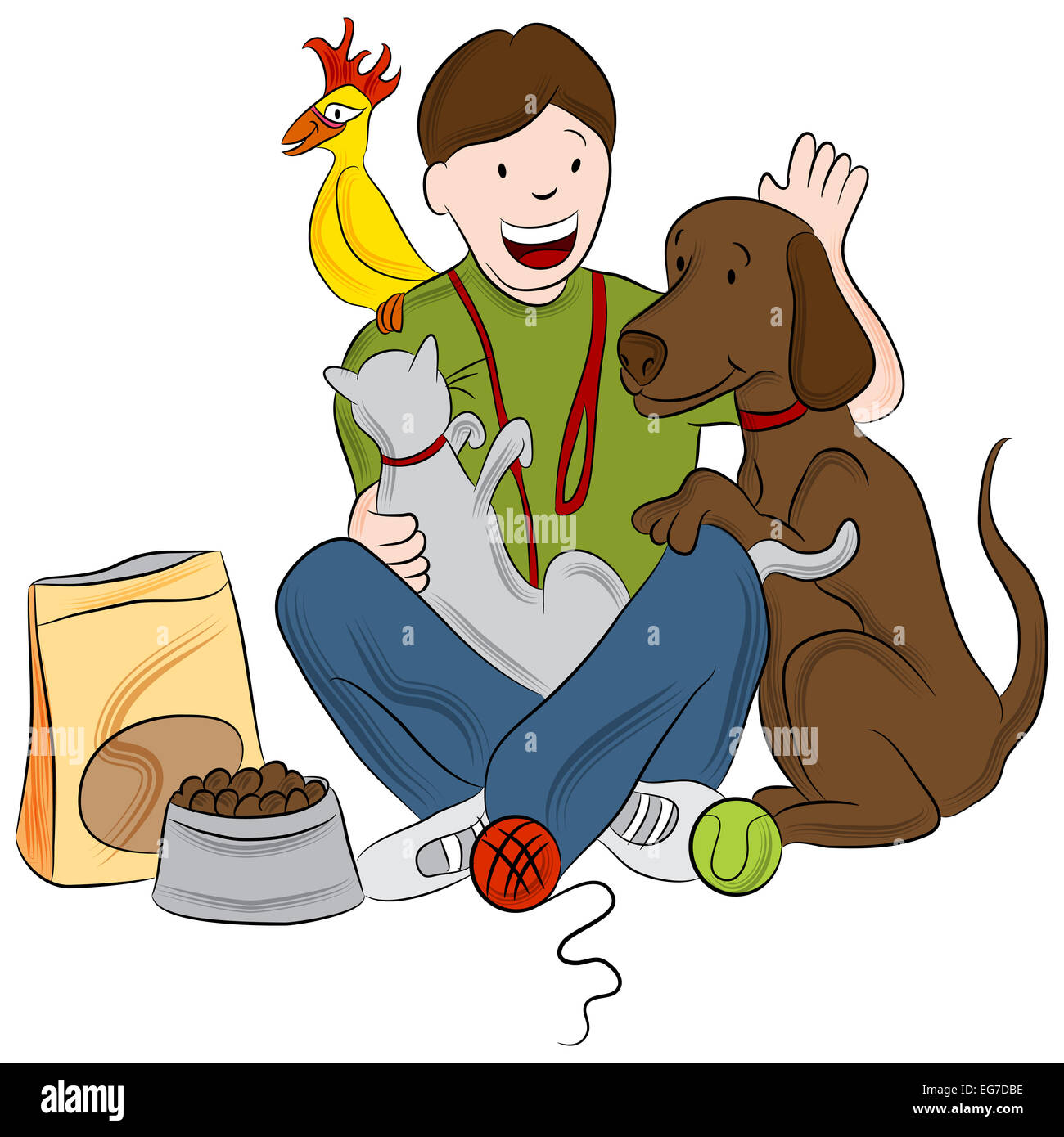 Una immagine di un pet sitter giocando con un gatto, bird e cane. Foto Stock
