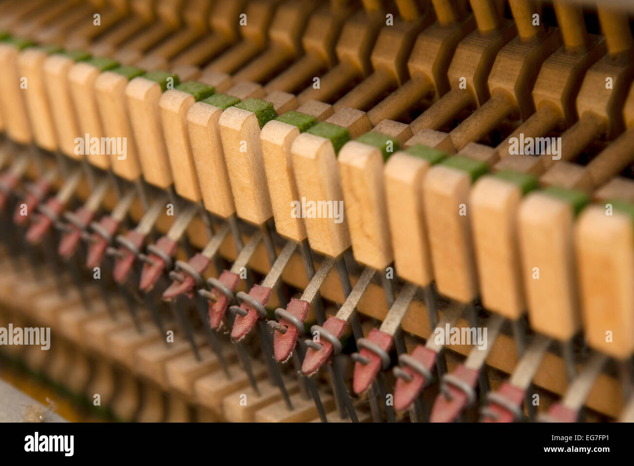 Dettaglio colpo di un vecchio pianoforte di martelli e opere interne Foto Stock