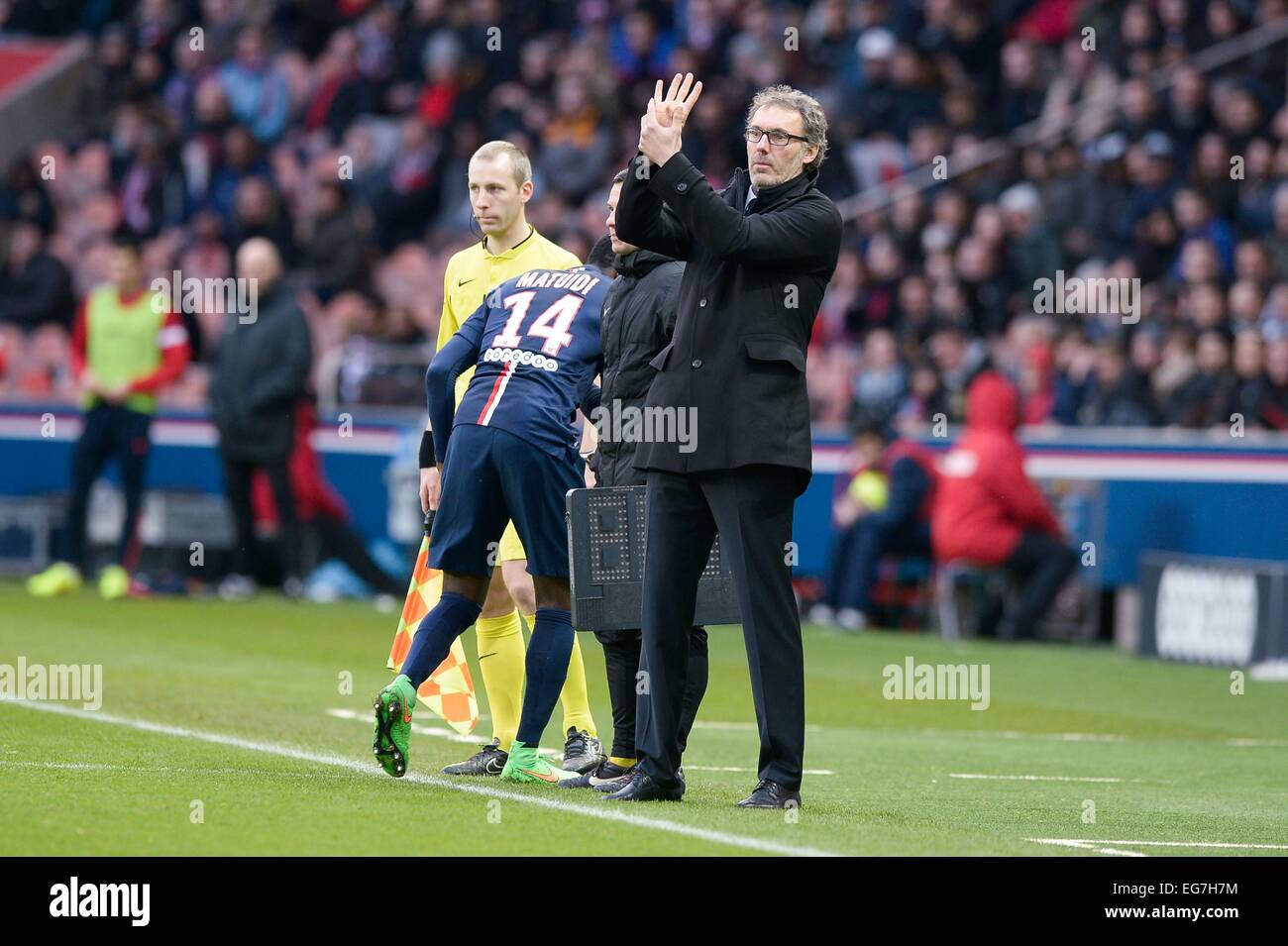 Blaise Matuidi/Laurent Blanc - 14.02.2015 - Paris Saint Germain/Caen - 25eme journee de Ligue 1.Photo : Andre Ferreira/Icona Sport Foto Stock