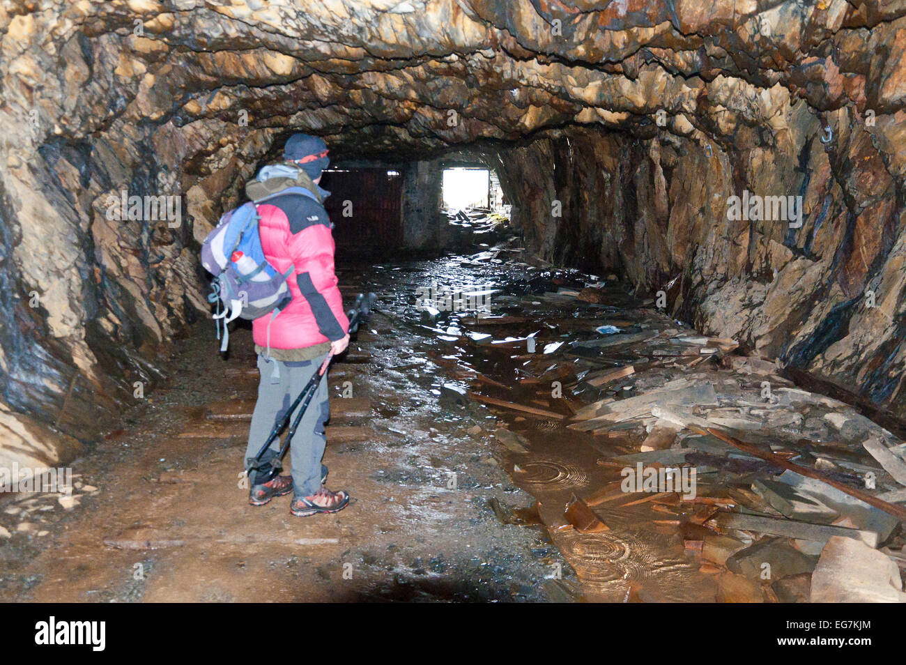 Parco Nazionale di Snowdonia, Gwynedd, Wales, Regno Unito. 17 Febbraio, 2015. Un escursionista visiti il abbandonato Rhosydd cava di ardesia come parte dei suoi giorni tour a piedi. Rhosydd cave di ardesia è iniziata nel 1840 e impiegato 200 uomini al suo picco nel 1880 quando oltre 6 mila tonnellate di ardesia vendibile di un anno è stata prodotta. La escavazione continuò fino agli anni cinquanta ma non si è mai ripresa dopo il 'Grande caduta' nel 1900, una catastrofe che ha distrutto gran parte delle più redditizie si riserva. Credito: Graham M. Lawrence/Alamy Live News. Foto Stock