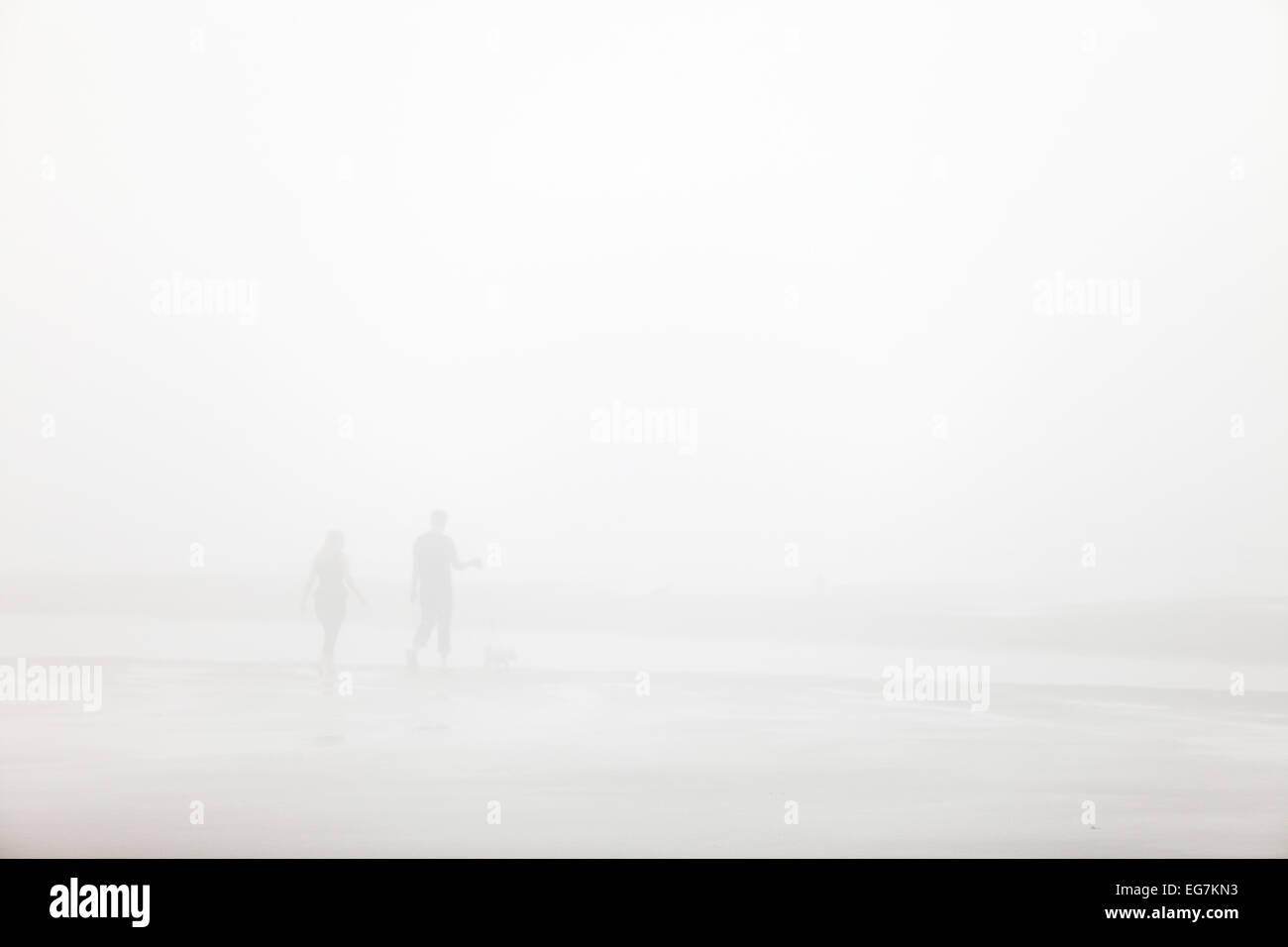Un giovane a piedi il loro cane in una nebbiosa Oregon beach. Foto Stock