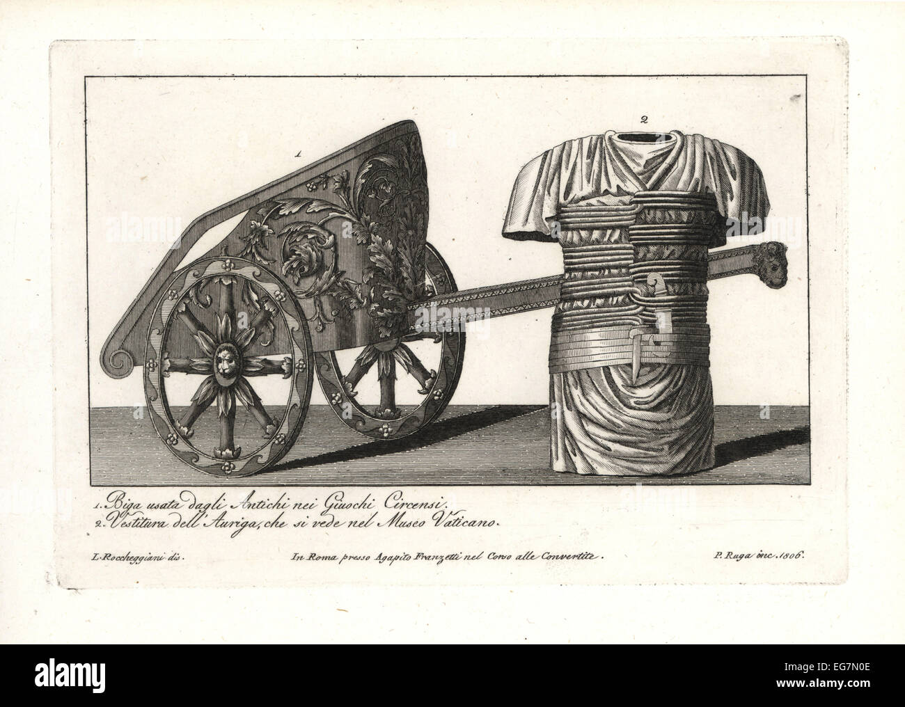 Due romano-carrozza a cavalli (biga), e la tunica e corazza indossata da un Auriga (charioteer). Foto Stock