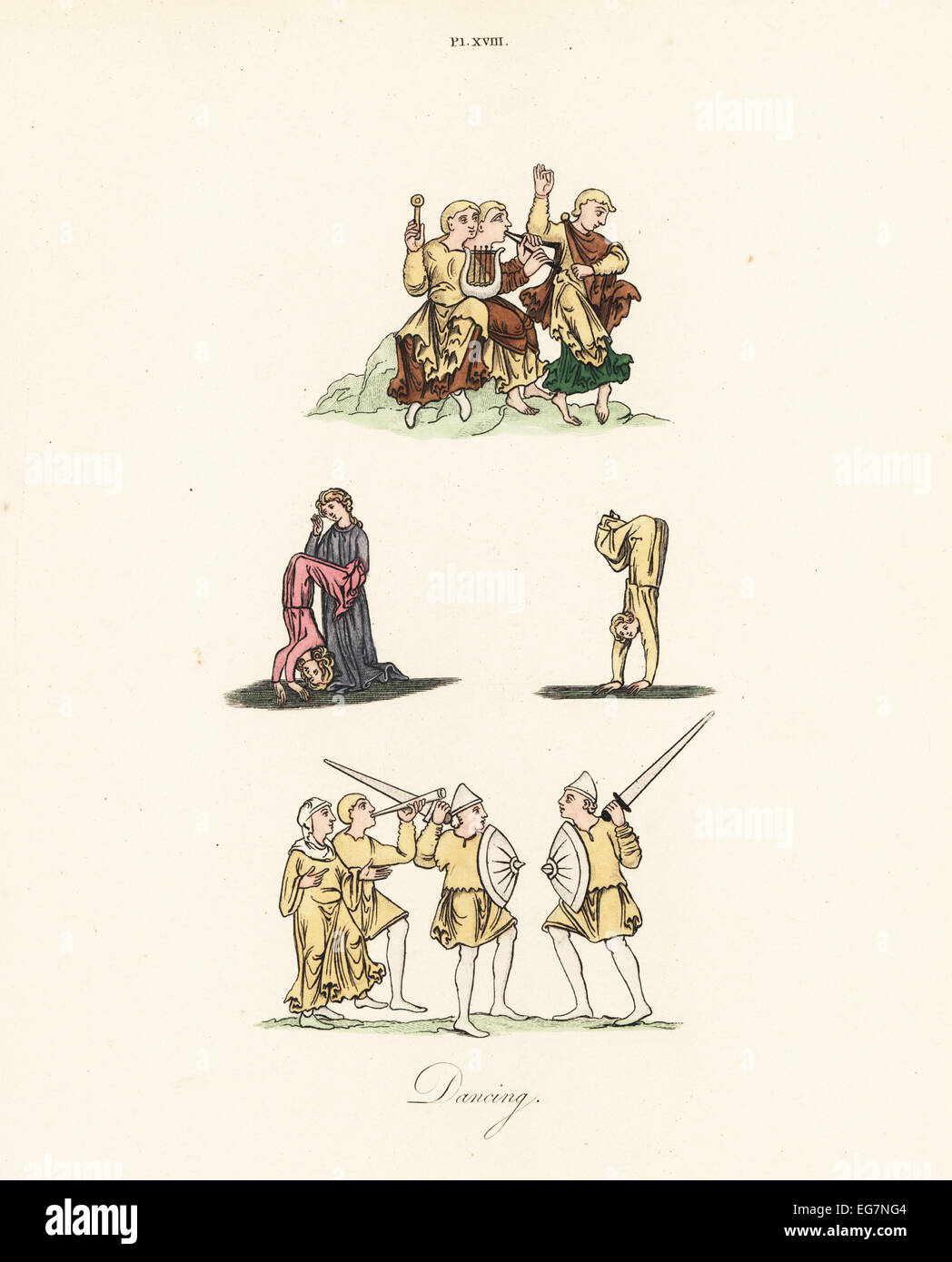 Gleemen medievale e ballerini. Foto Stock