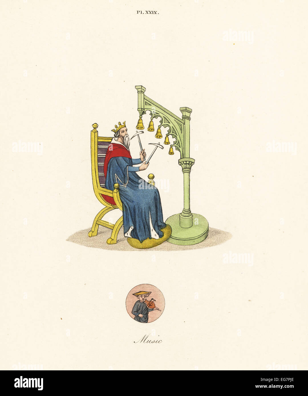 Il re Davide giocando handbells con martelli da un palazzo del XIV secolo manoscritto dei suoi Salmi, con una vignetta di un comico soffietti di tenuta e una pinza come se la riproduzione di un violino. Foto Stock