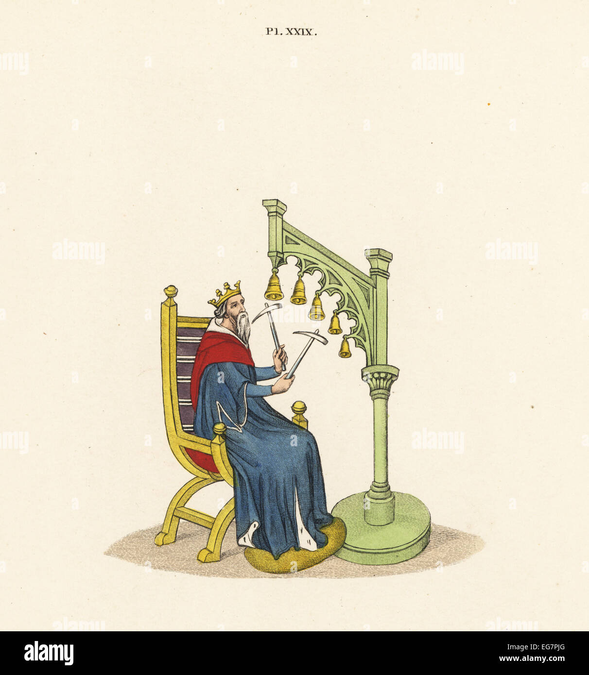 Il re Davide giocando handbells con martelli da un palazzo del XIV secolo manoscritto dei suoi Salmi. Foto Stock