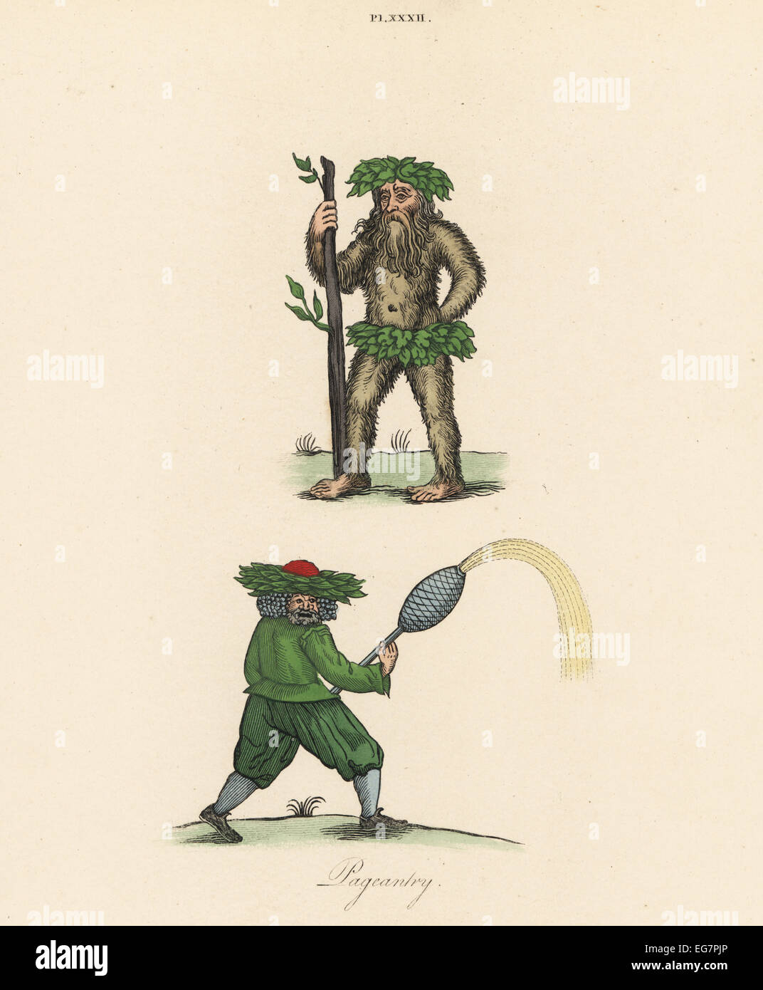 Il Pageantry. Un uomo selvatico vestito di foglie, da una ballata di Robin Good Fellow, e un uomo di colore verde o il mostruoso uomo wilde tenendo un grande spettacolo di fuochi dal 1635. Foto Stock