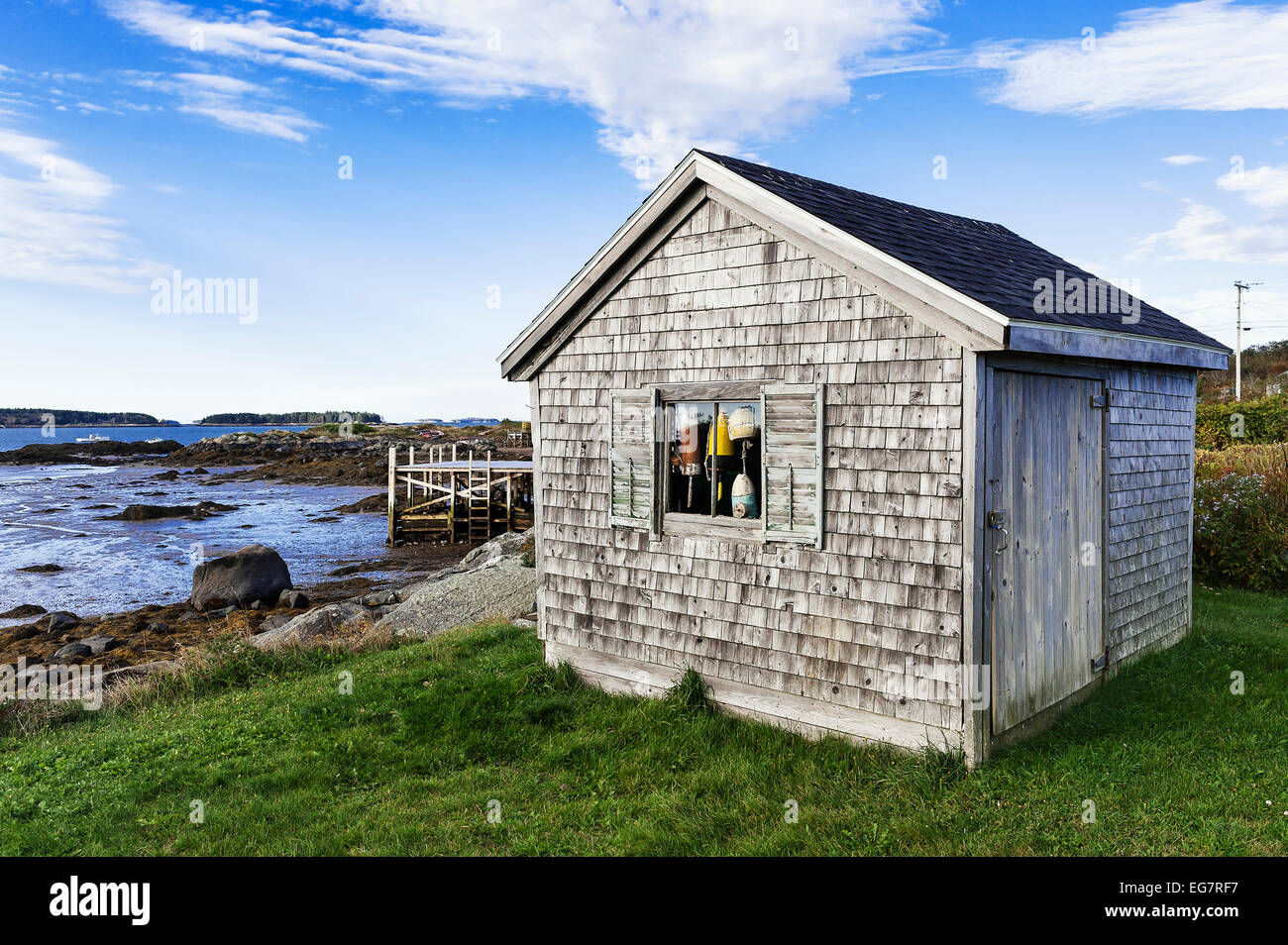 Rustica Capanna di pesca, Jonesport, Maine, Stati Uniti d'America Foto Stock