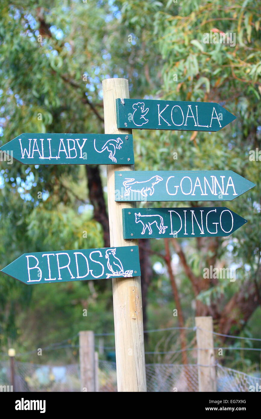 Animali australiani cartello stradale post al conservatorio di animale in Victoria Australia Foto Stock