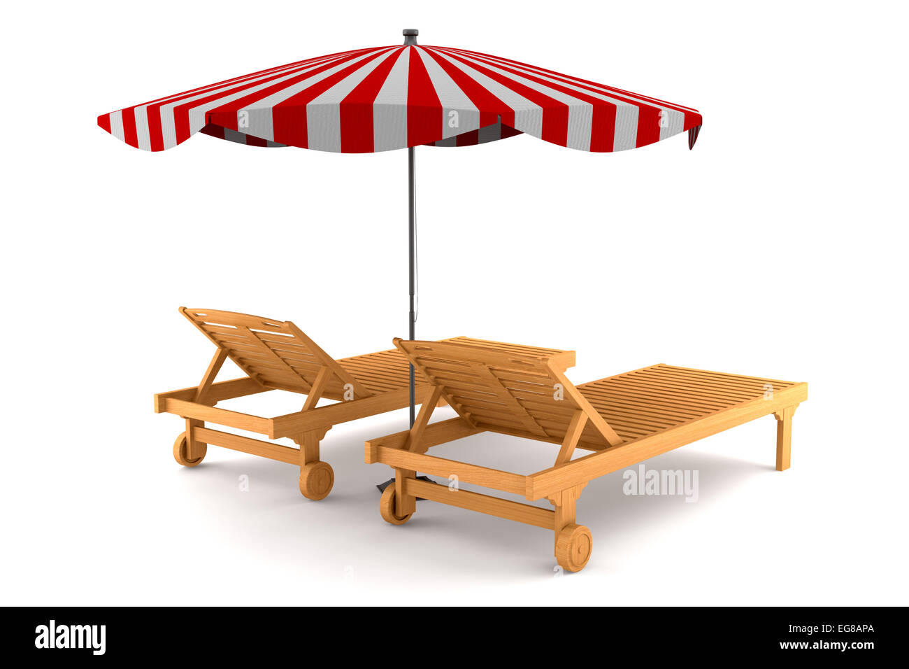 Due sedie a sdraio e ombrellone isolato su sfondo bianco Foto Stock