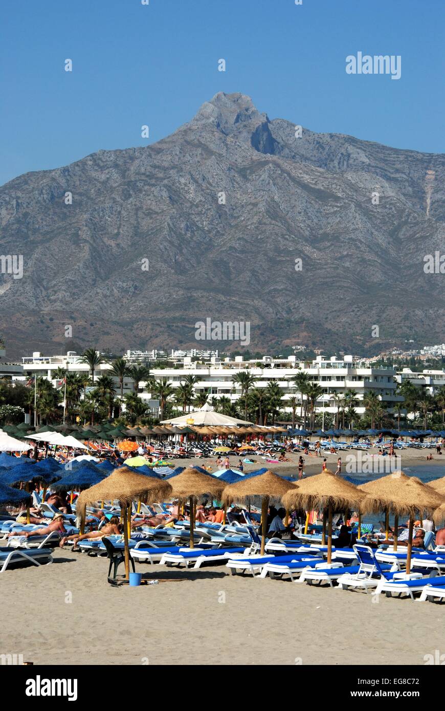 I villeggianti rilassante sulla spiaggia Puerto Banus a Marbella, Costa del Sol, provincia di Malaga, Andalusia, Spagna, Europa occidentale. Foto Stock