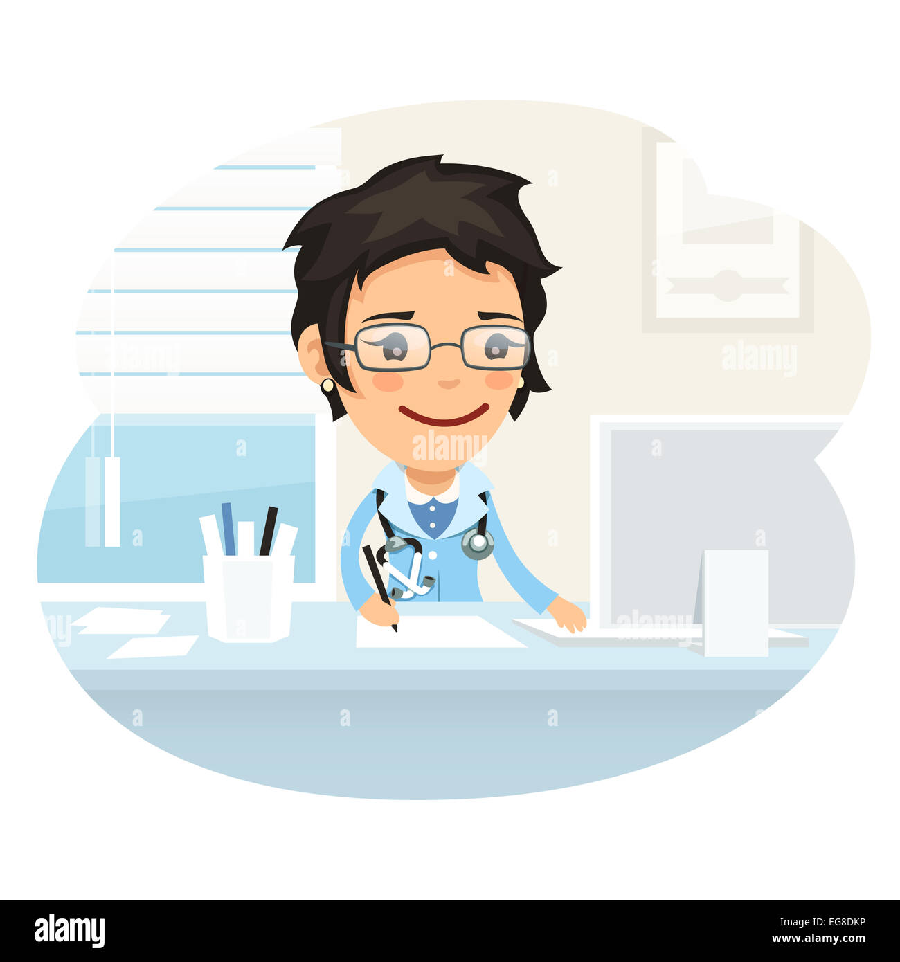 Donna di carattere medico seduto alla scrivania Foto Stock